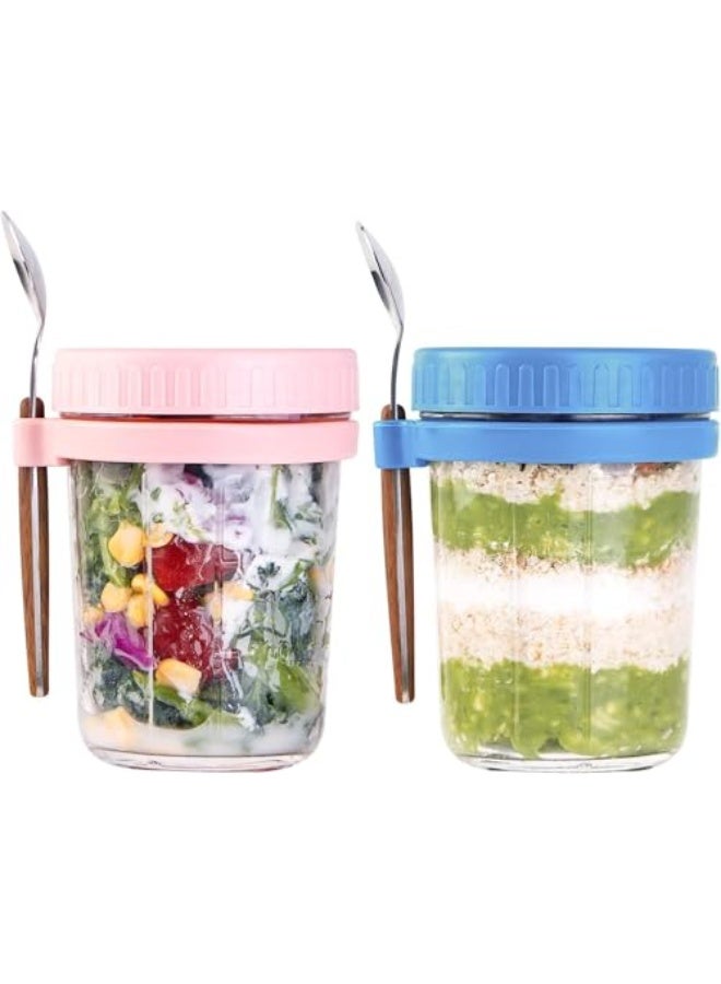 CLENEA Overnight Oats Containers, with Lids and Spoon, 2 Pack Mason Jars for Overnight Oats, 12 Oz Glass Oatmeal Container, to Go for Chia Pudding Yogurt Salad Cereal Meal Prep Jars - Image 1